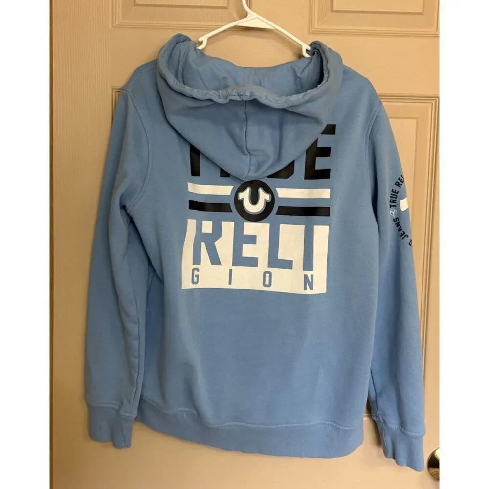 True Religion Men's Blue Full Zip Cotton Hoodie with Logo, Hooded, Size Medium
